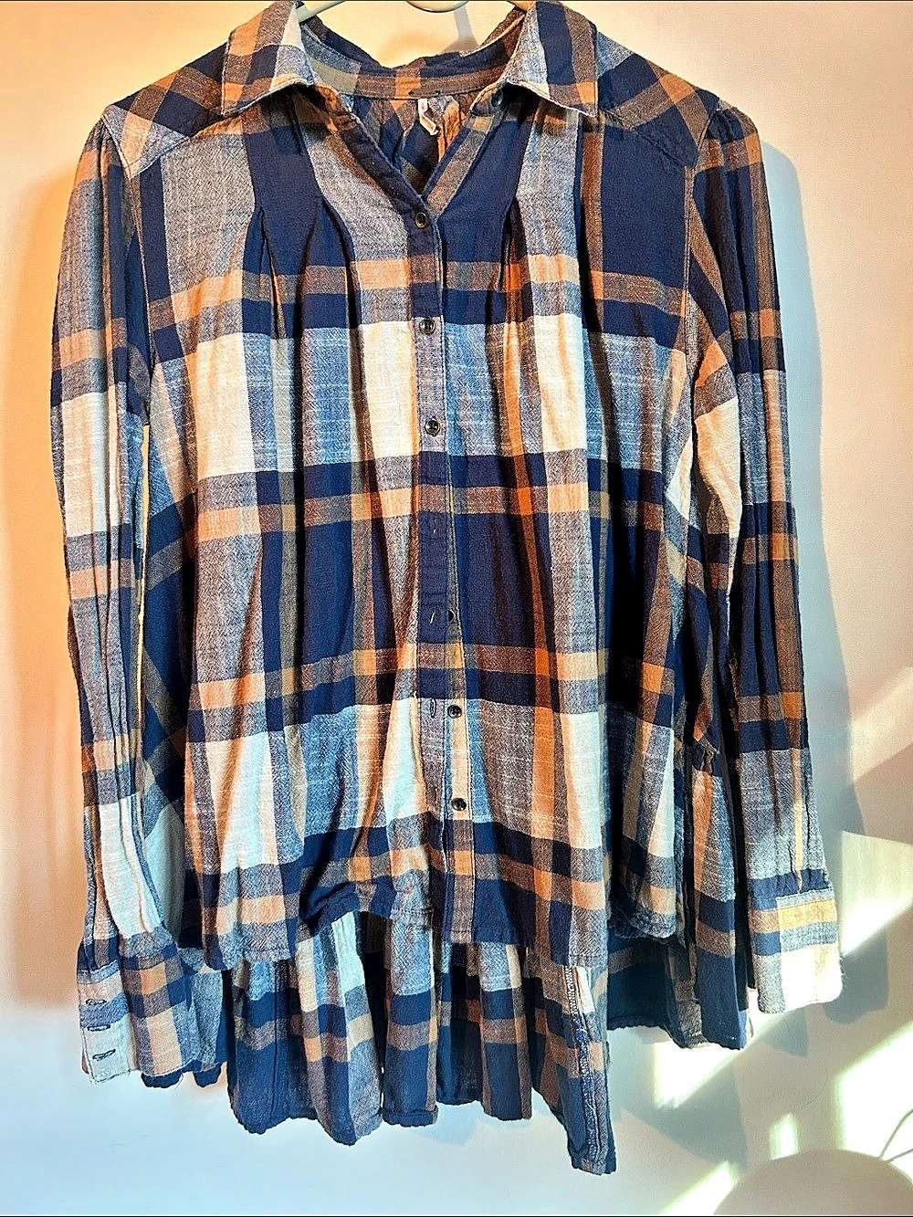 Free People Peppy in Plaid Button Blouse Plaid Blue & Orange Medium